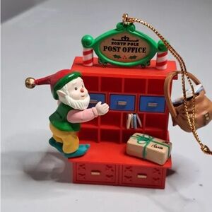 Three Vintage Lustre Fame including Post Office Ornament Elf North Pole 1996.